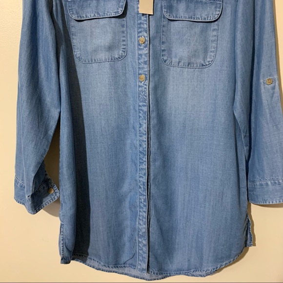 Chico’s Half Button Denim Blouse with Roll Sleeves - Picture 11 of 16